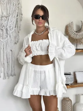 Cotton Eyelet Loungewear 3 Piece Set Short Top with Shirt