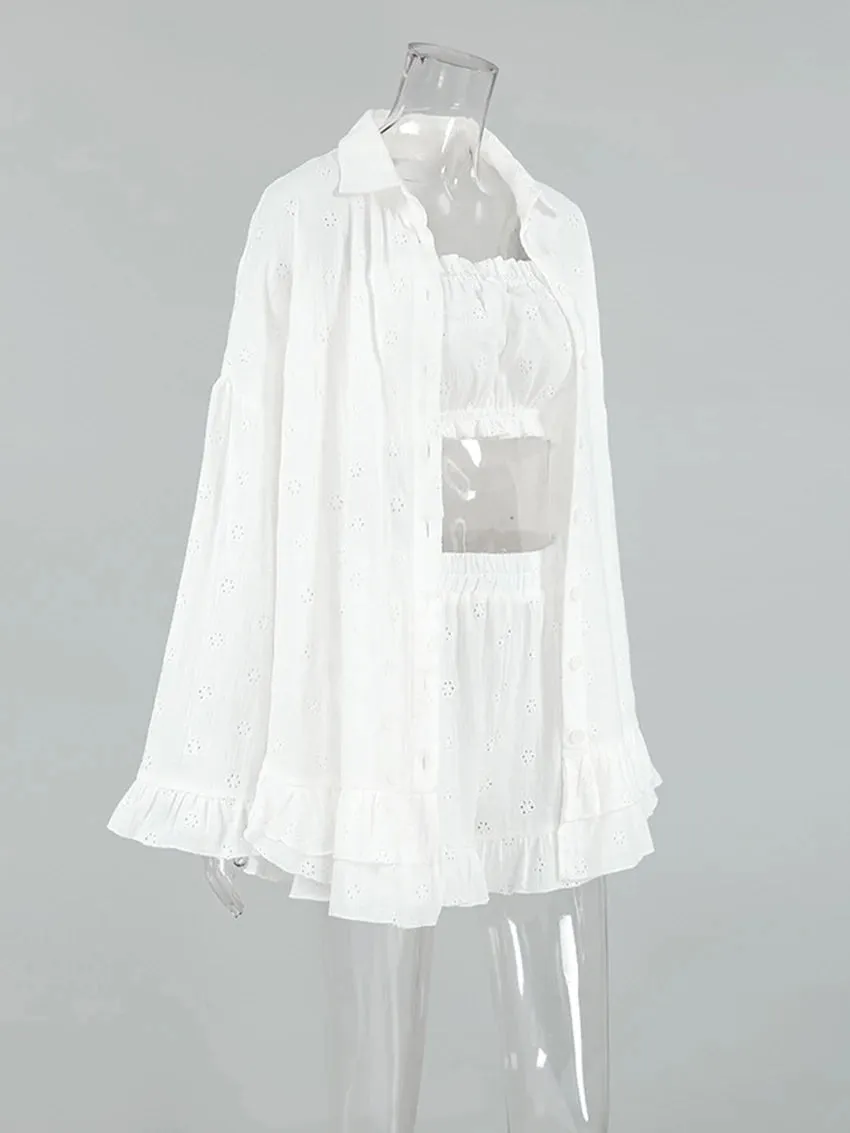 Cotton Eyelet Loungewear 3 Piece Set Short Top with Shirt