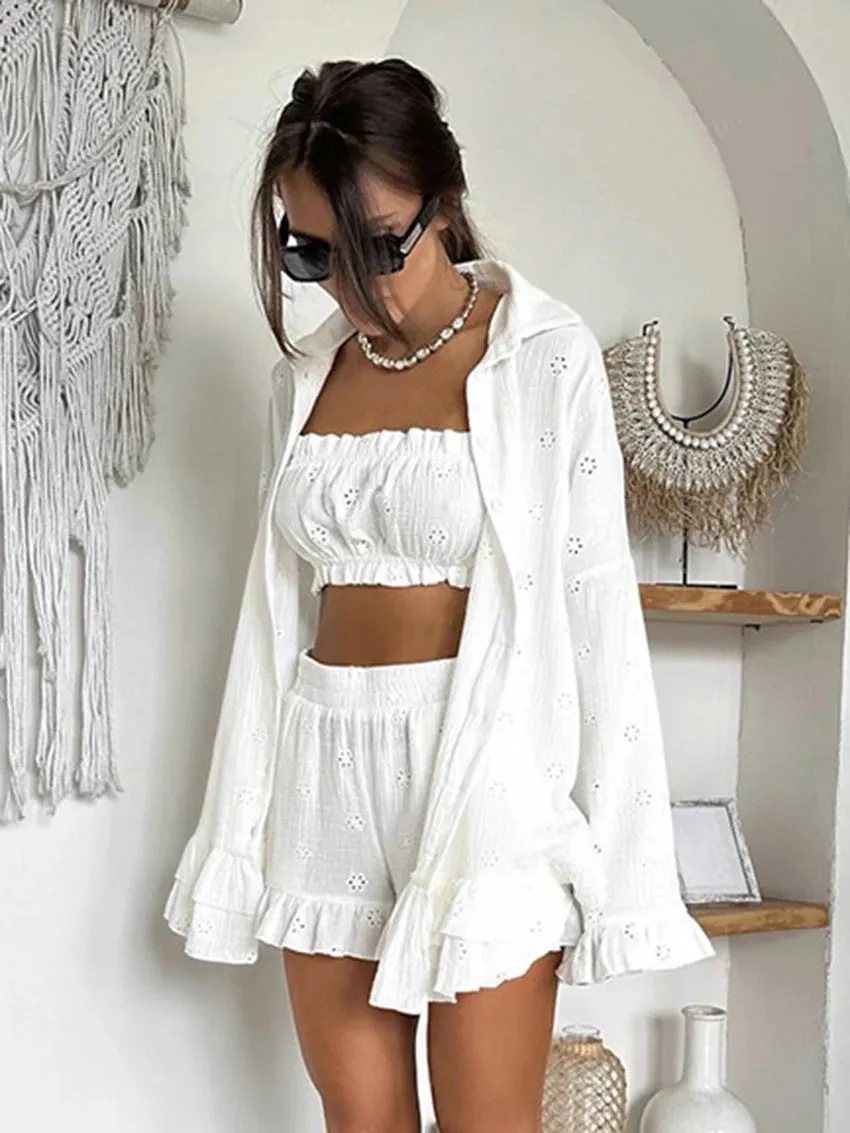 Cotton Eyelet Loungewear 3 Piece Set Short Top with Shirt