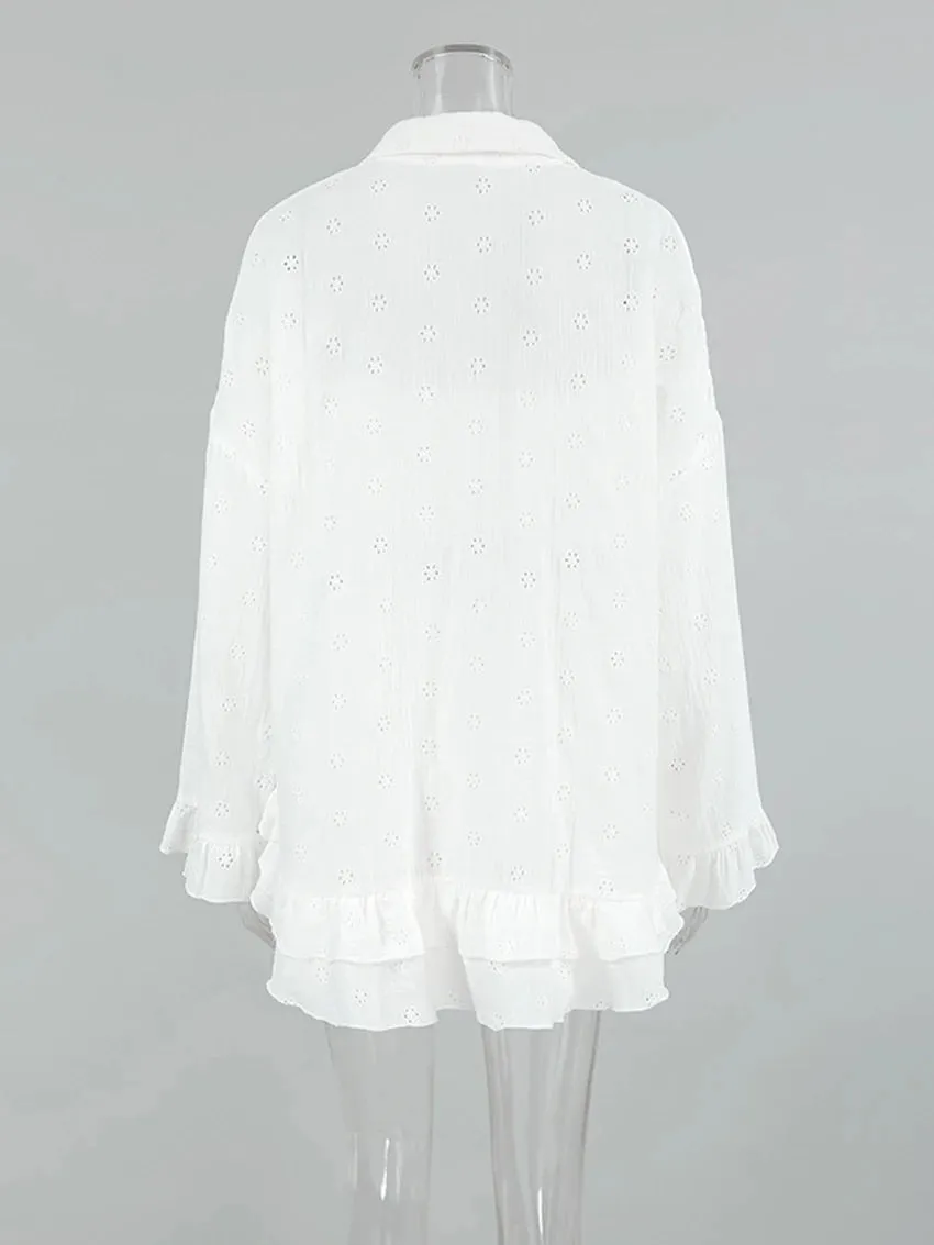 Cotton Eyelet Loungewear 3 Piece Set Short Top with Shirt