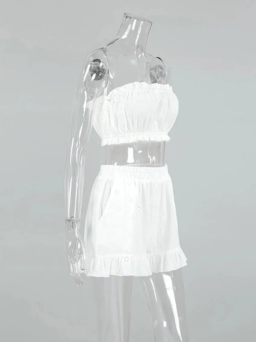 Cotton Eyelet Loungewear 3 Piece Set Short Top with Shirt