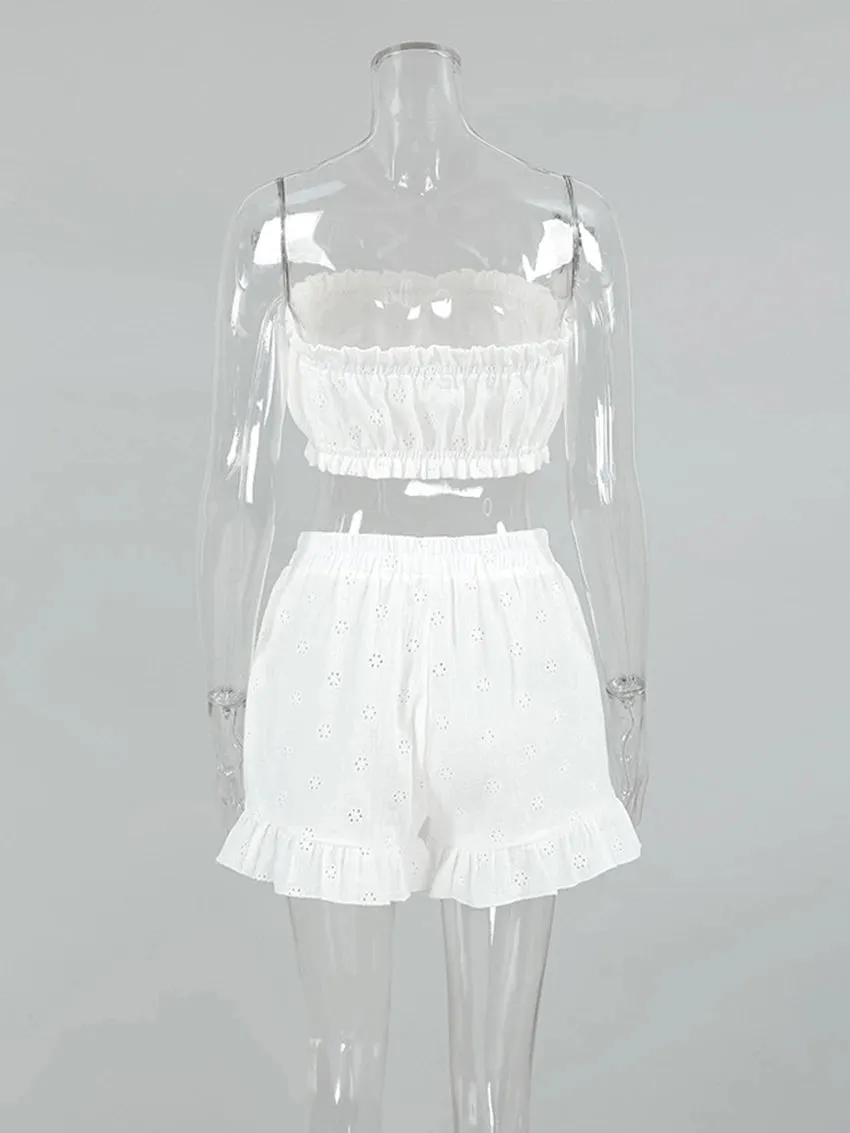 Cotton Eyelet Loungewear 3 Piece Set Short Top with Shirt