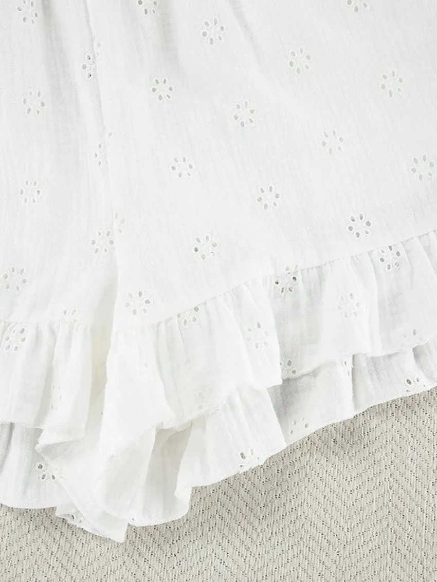 Cotton Eyelet Loungewear 3 Piece Set Short Top with Shirt