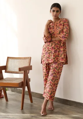 Cotton Peach Floral Print Kurta Pant Set