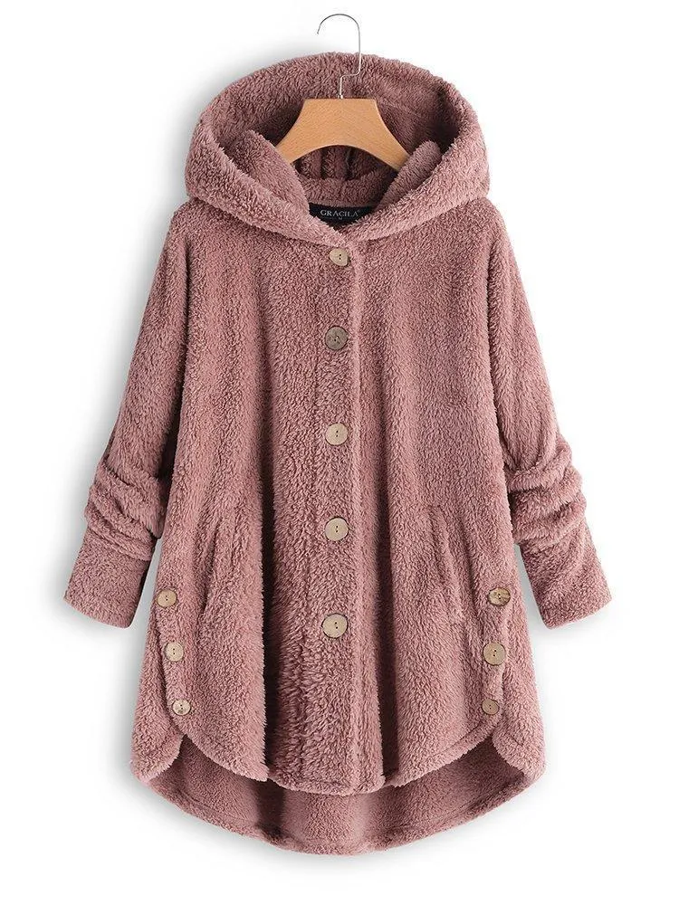 Cozy Long Sleeve Fleece Hooded Fuzzy Asymmetrical Hem Button Teddy Bear Coat