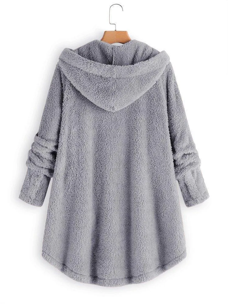 Cozy Long Sleeve Fleece Hooded Fuzzy Asymmetrical Hem Button Teddy Bear Coat