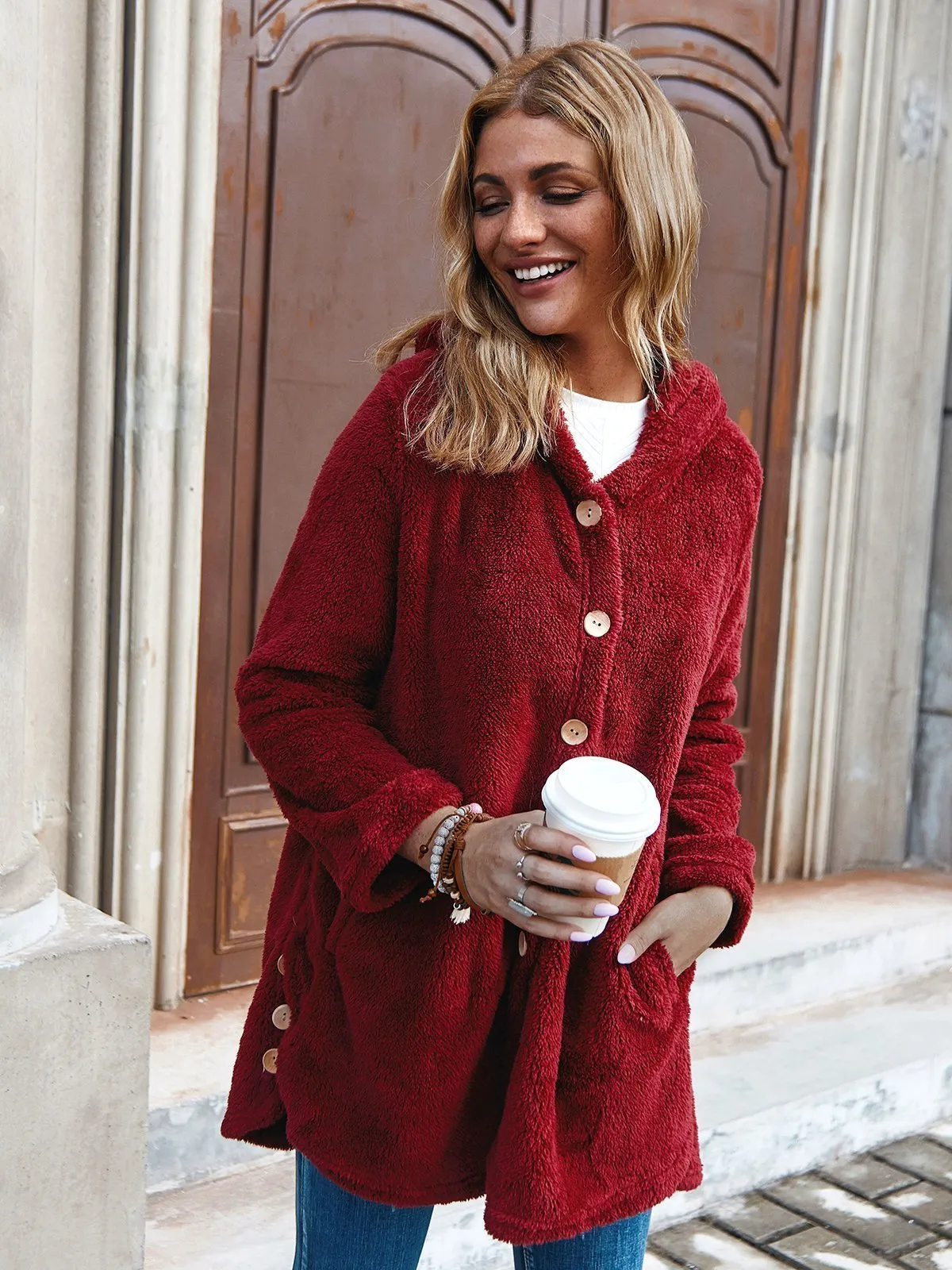 Cozy Long Sleeve Fleece Hooded Fuzzy Asymmetrical Hem Button Teddy Bear Coat