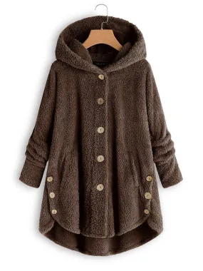 Cozy Long Sleeve Fleece Hooded Fuzzy Asymmetrical Hem Button Teddy Bear Coat