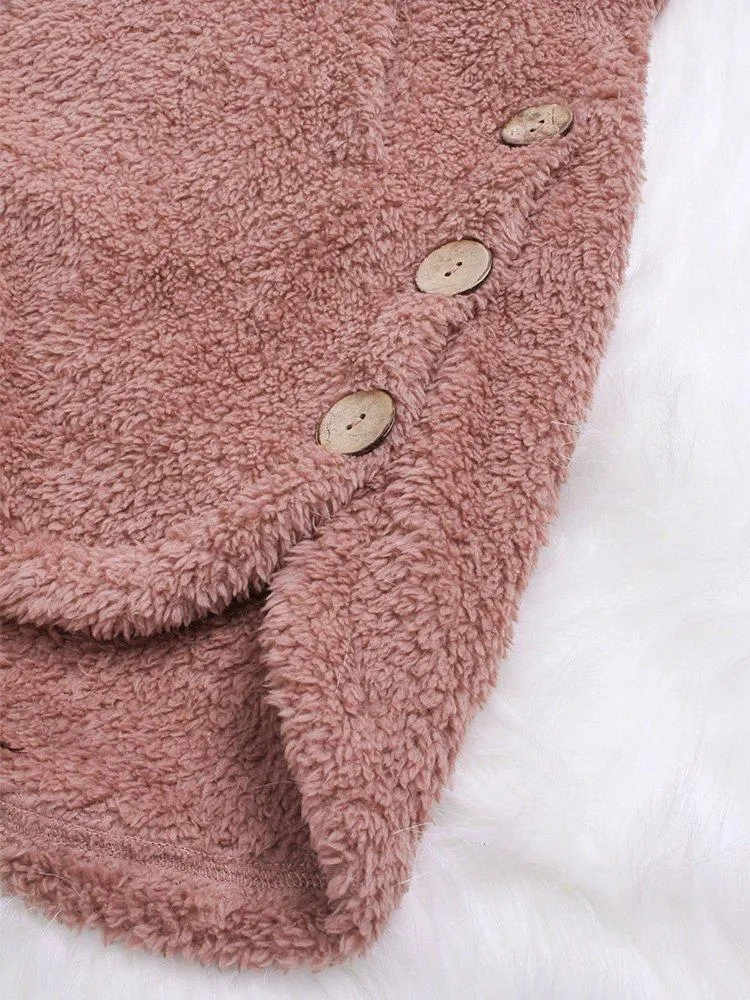 Cozy Long Sleeve Fleece Hooded Fuzzy Asymmetrical Hem Button Teddy Bear Coat