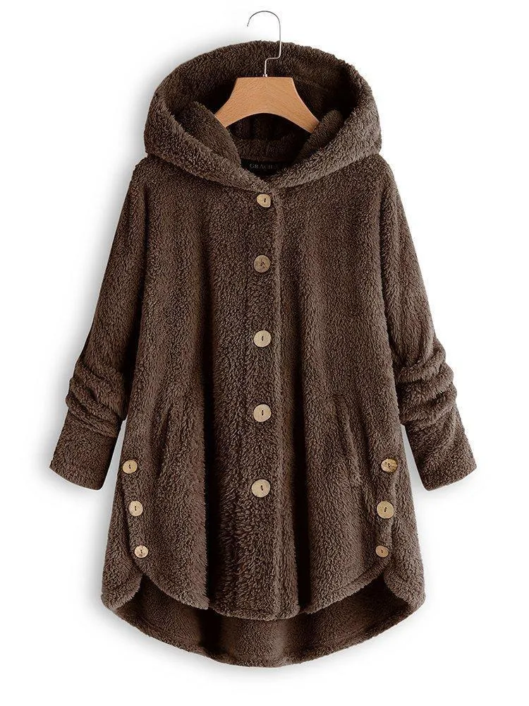 Cozy Long Sleeve Fleece Hooded Fuzzy Asymmetrical Hem Button Teddy Bear Coat