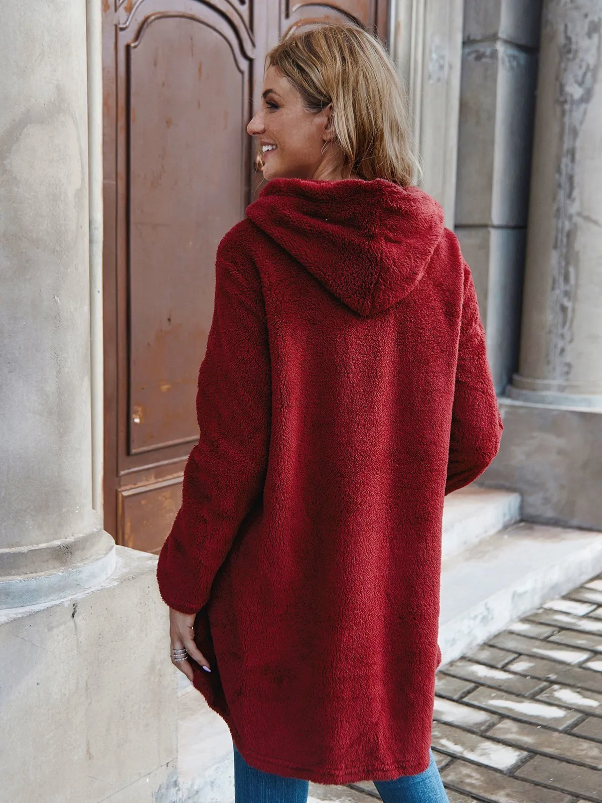 Cozy Long Sleeve Fleece Hooded Fuzzy Asymmetrical Hem Button Teddy Bear Coat