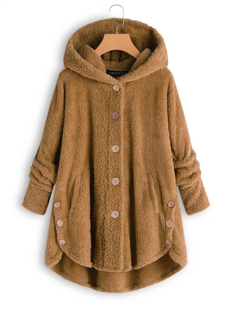 Cozy Long Sleeve Fleece Hooded Fuzzy Asymmetrical Hem Button Teddy Bear Coat
