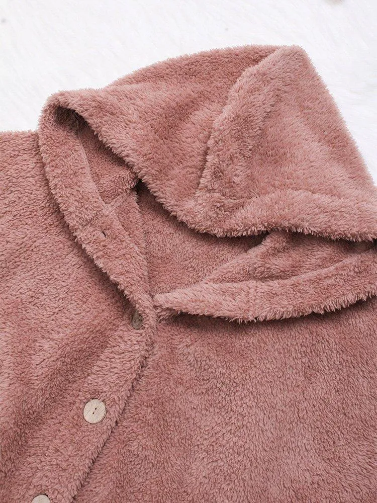 Cozy Long Sleeve Fleece Hooded Fuzzy Asymmetrical Hem Button Teddy Bear Coat