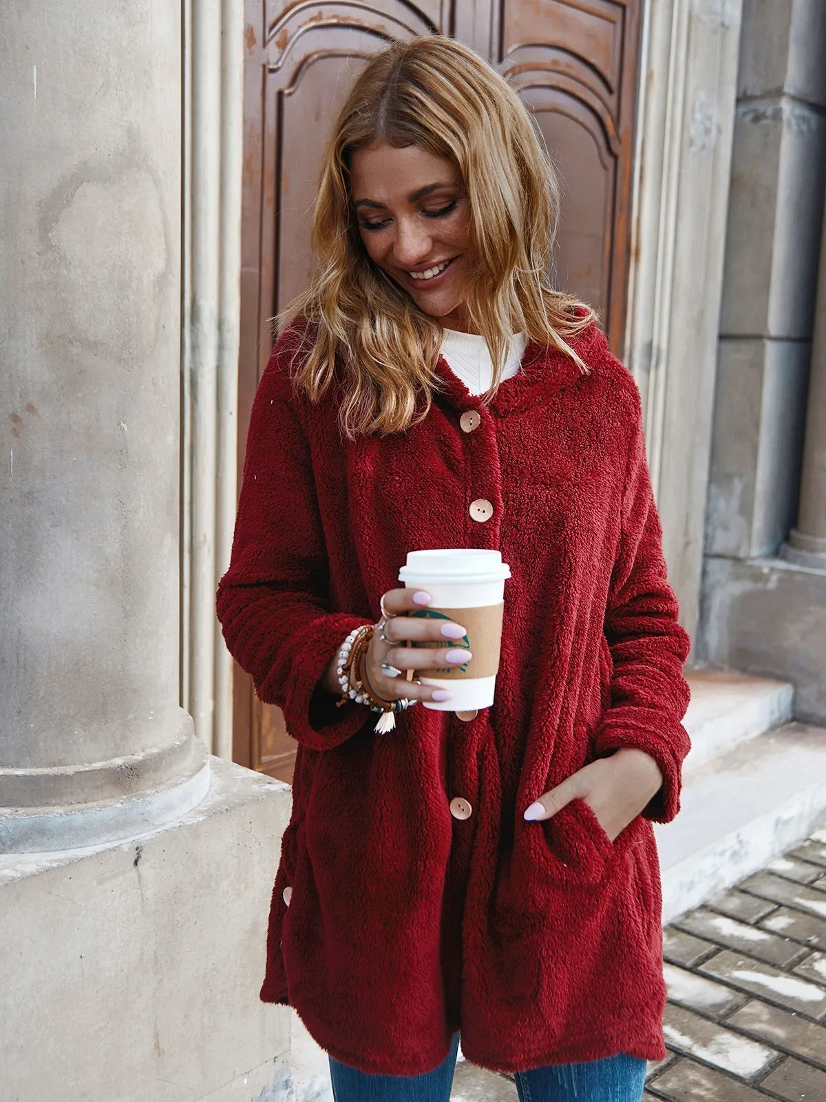 Cozy Long Sleeve Fleece Hooded Fuzzy Asymmetrical Hem Button Teddy Bear Coat