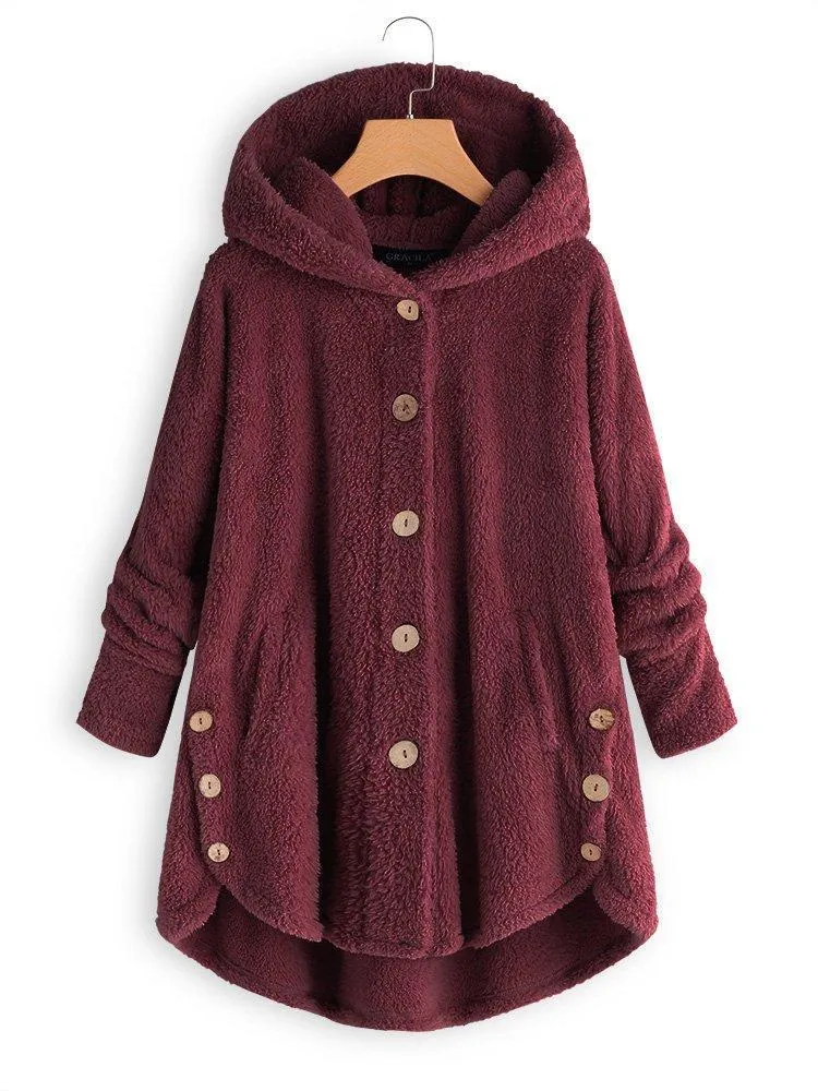 Cozy Long Sleeve Fleece Hooded Fuzzy Asymmetrical Hem Button Teddy Bear Coat