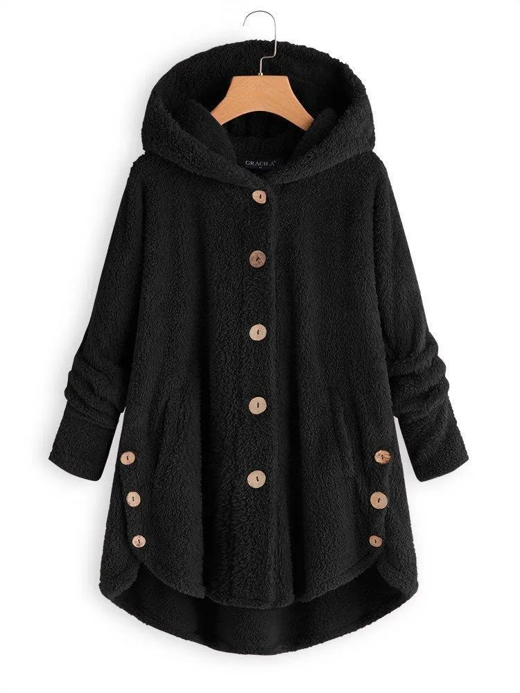 Cozy Long Sleeve Fleece Hooded Fuzzy Asymmetrical Hem Button Teddy Bear Coat