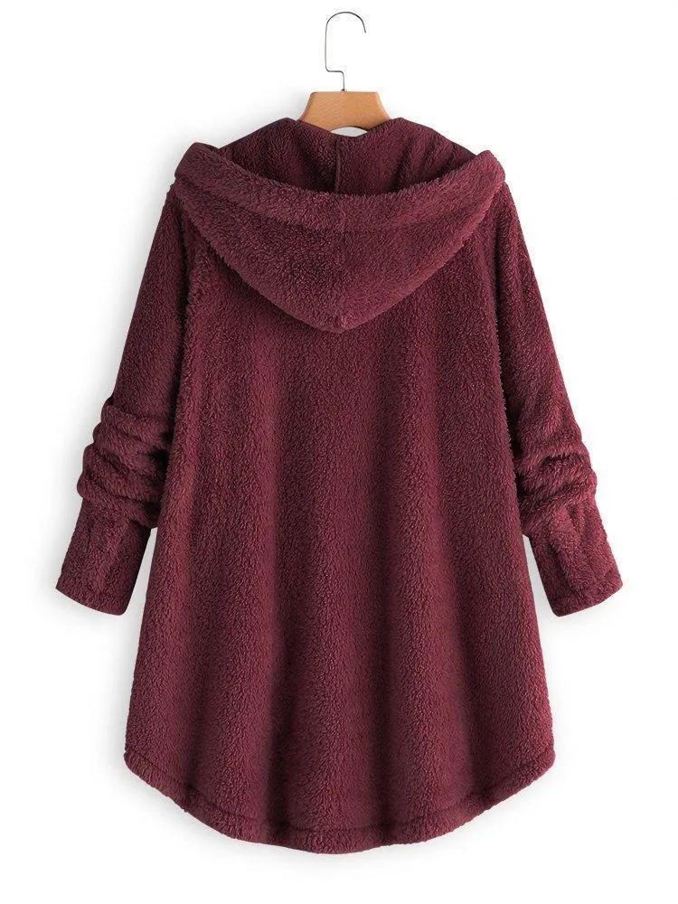 Cozy Long Sleeve Fleece Hooded Fuzzy Asymmetrical Hem Button Teddy Bear Coat