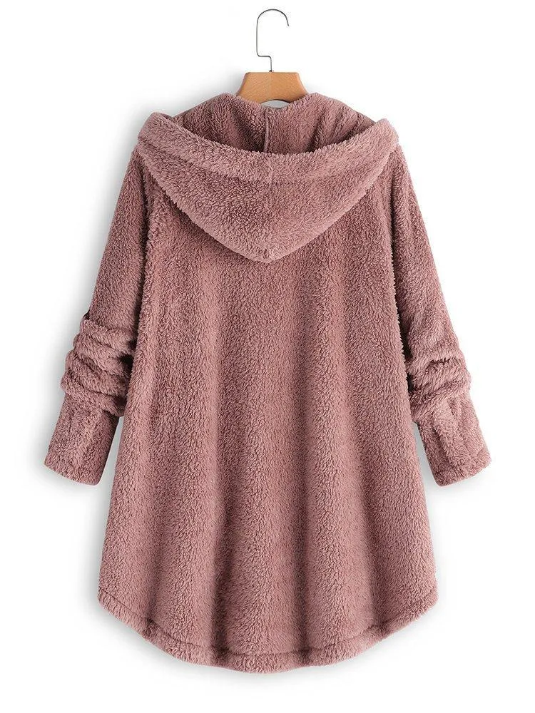 Cozy Long Sleeve Fleece Hooded Fuzzy Asymmetrical Hem Button Teddy Bear Coat