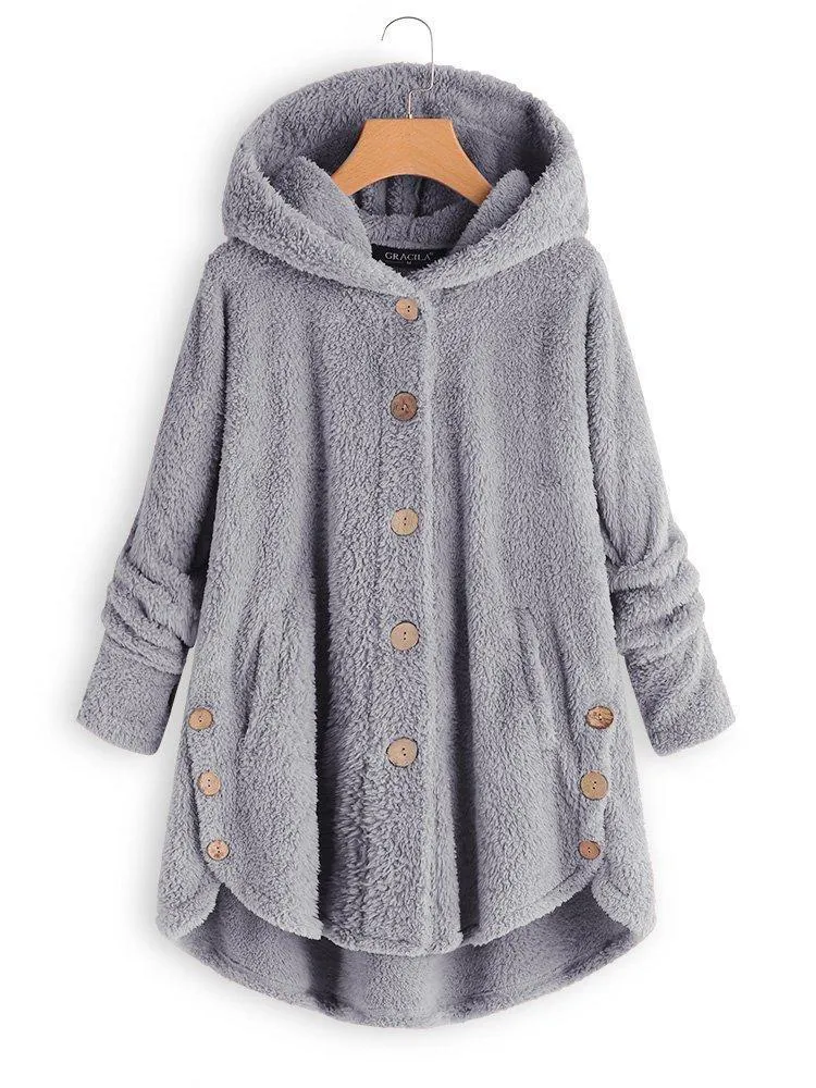 Cozy Long Sleeve Fleece Hooded Fuzzy Asymmetrical Hem Button Teddy Bear Coat