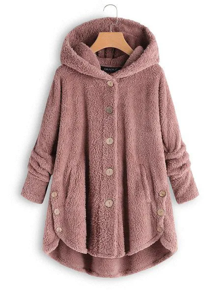 Cozy Long Sleeve Fleece Hooded Fuzzy Asymmetrical Hem Button Teddy Bear Coat