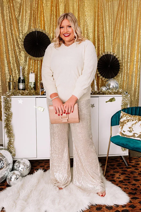 Dainty Glam Sequin High Waist Flare In Champagne Curves