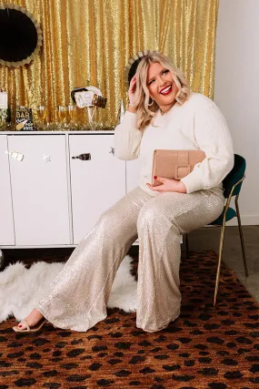 Dainty Glam Sequin High Waist Flare In Champagne Curves