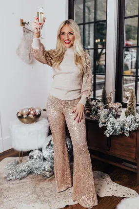 Dainty Glam Sequin High Waist Flare In Champagne