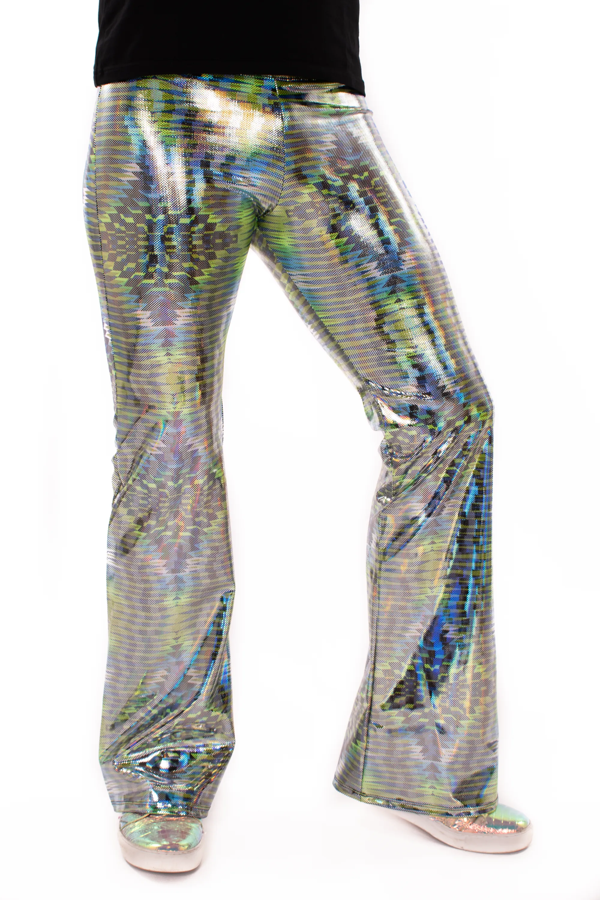 Dazzle Green: UV Blacklight Reactive Men's Holographic Flared Pants - Trippy Tribal Print Bell Bottoms