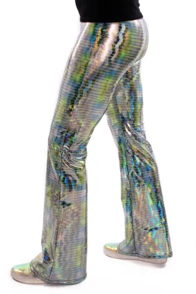 Dazzle Green: UV Blacklight Reactive Men's Holographic Flared Pants - Trippy Tribal Print Bell Bottoms