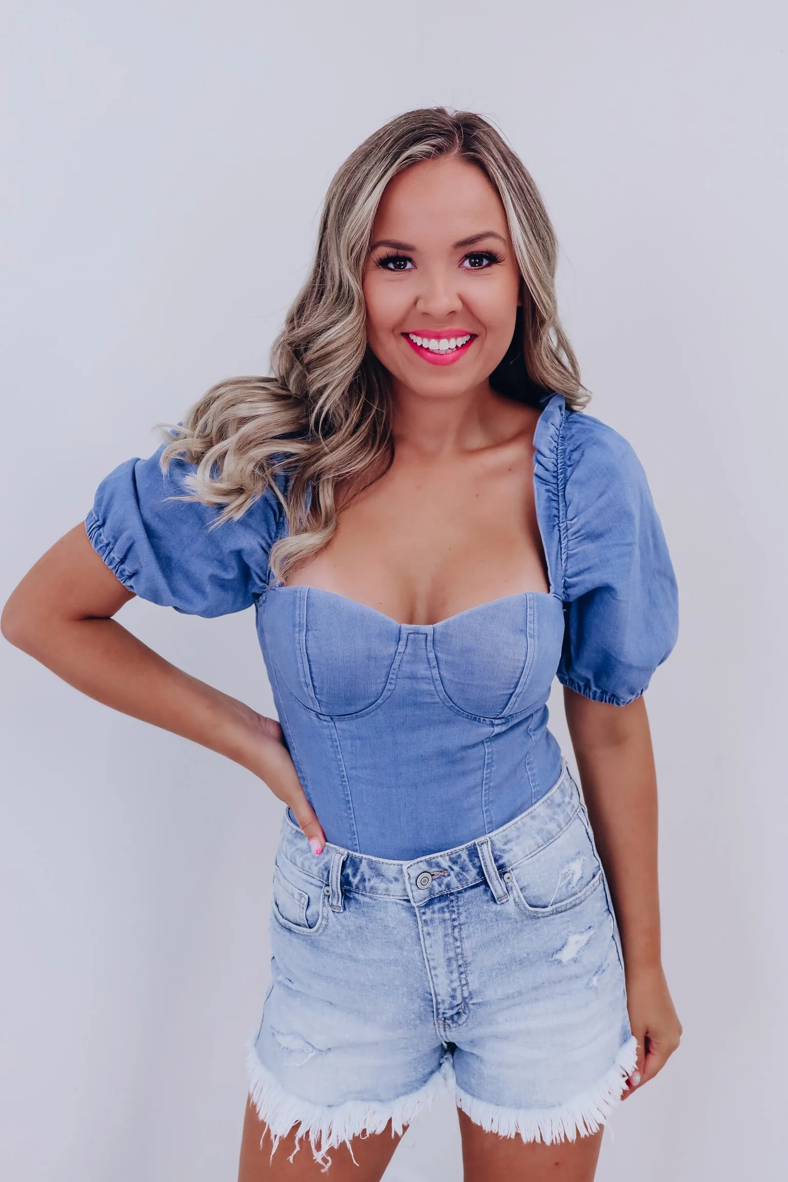 Denton Denim Puff Sleeve Bodysuit - Medium Denim