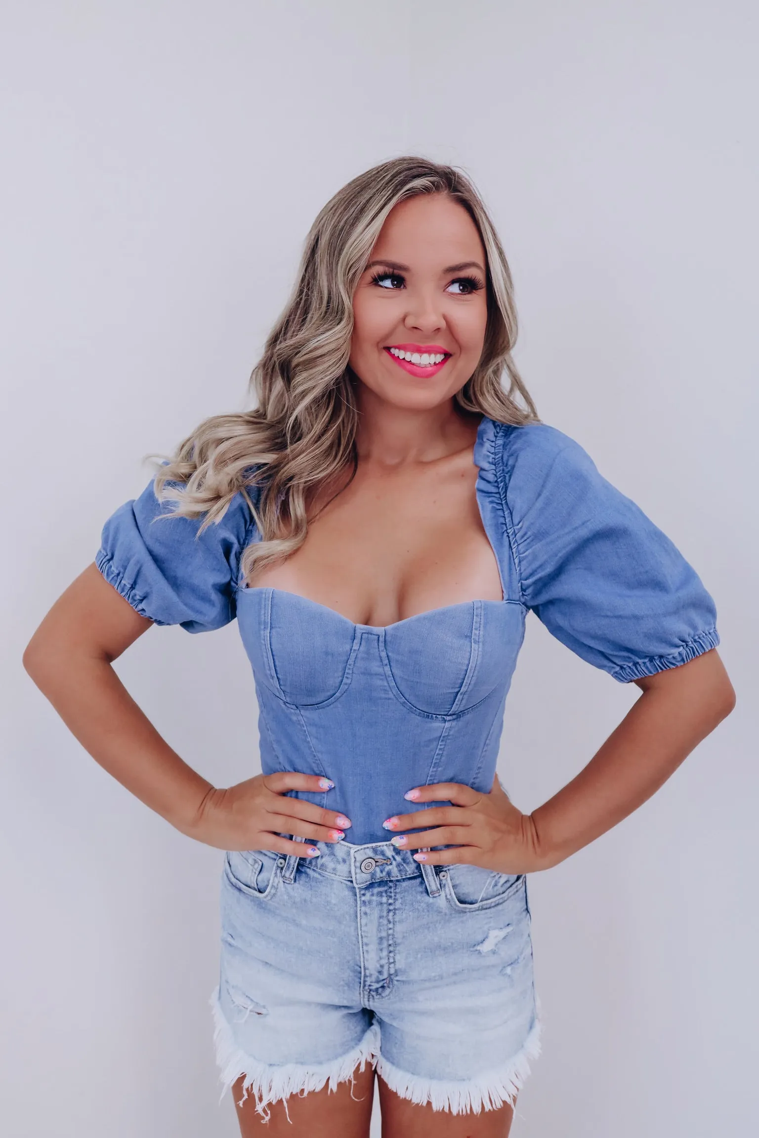 Denton Denim Puff Sleeve Bodysuit - Medium Denim