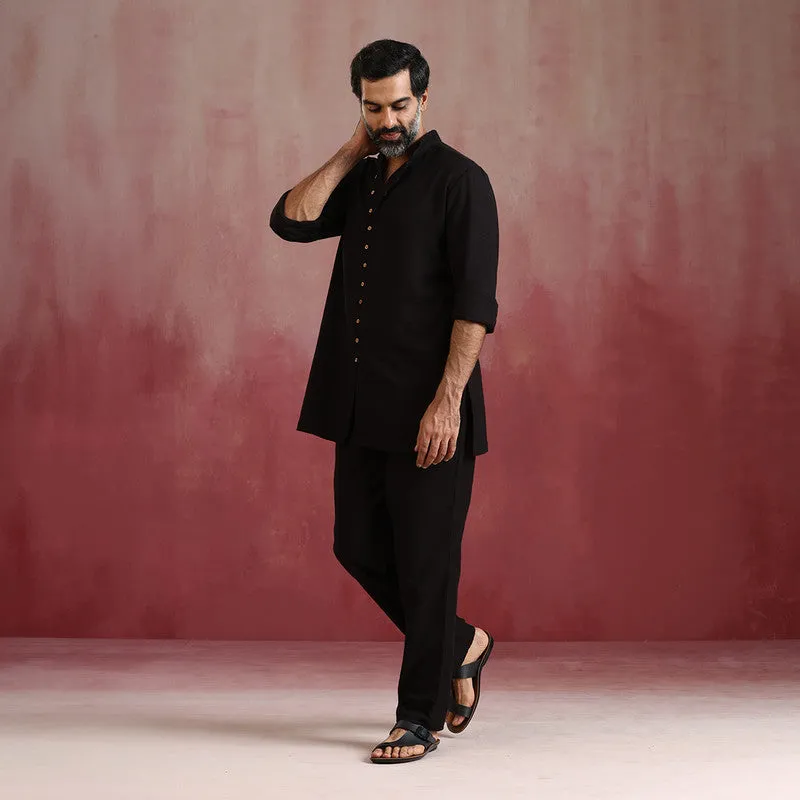 Dobby Cotton Black Kurta Set for Men | Mandarin Collar