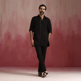 Dobby Cotton Black Kurta Set for Men | Mandarin Collar