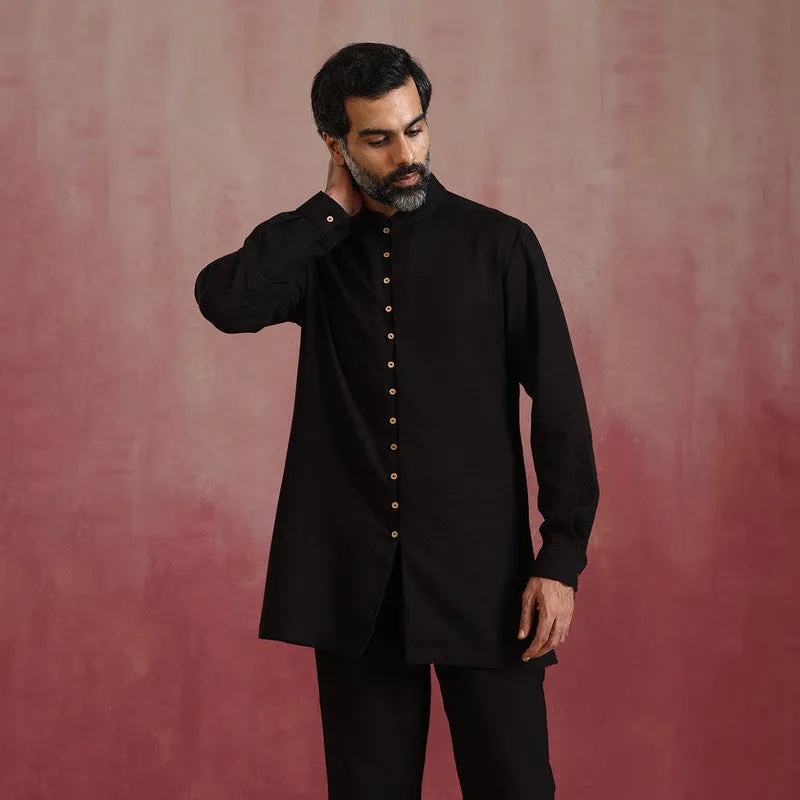 Dobby Cotton Black Kurta Set for Men | Mandarin Collar