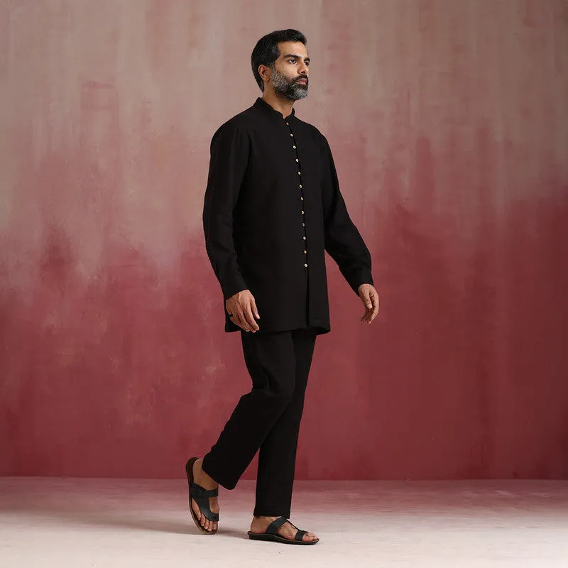 Dobby Cotton Black Kurta Set for Men | Mandarin Collar