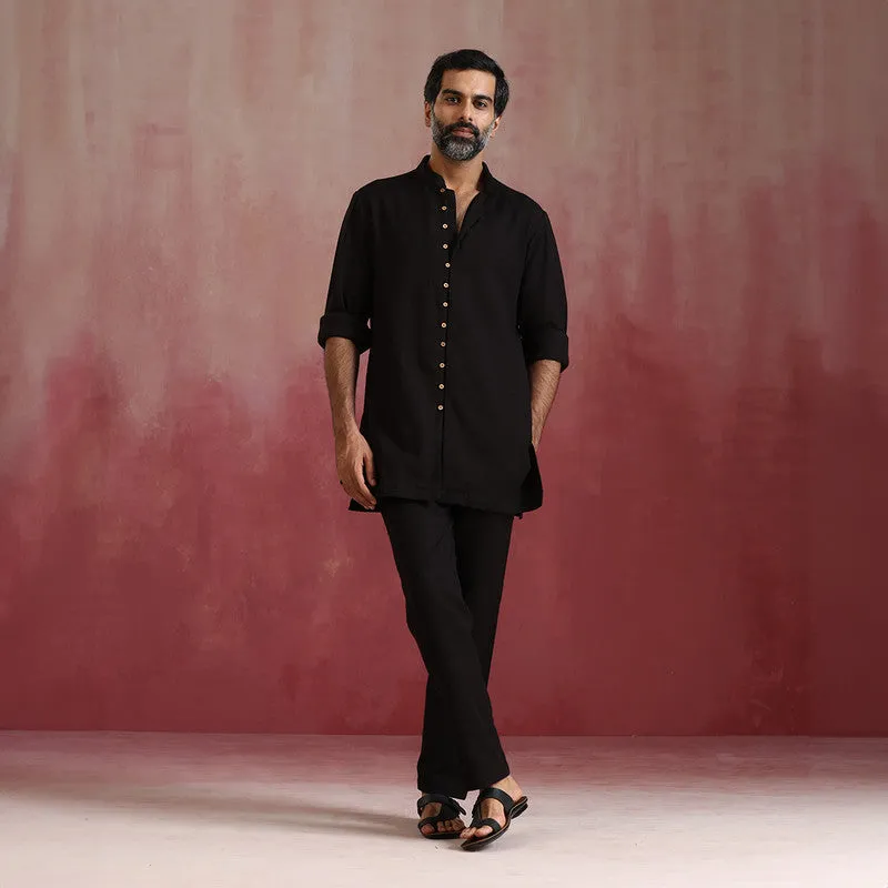 Dobby Cotton Black Kurta Set for Men | Mandarin Collar