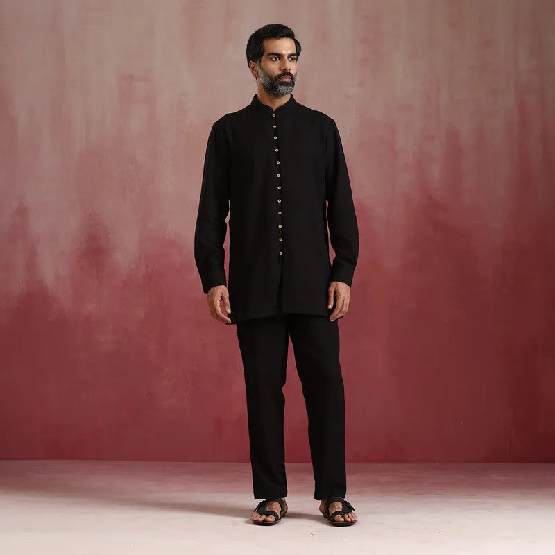 Dobby Cotton Black Kurta Set for Men | Mandarin Collar
