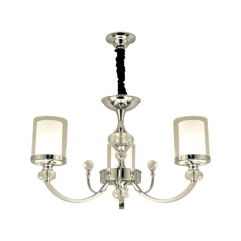 Dual-Layer Clear and Opal Glass Ceiling Lamp: 3-Head Minimalism Chandelier with Crystal Deco in Chrome