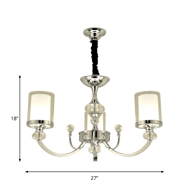 Dual-Layer Clear and Opal Glass Ceiling Lamp: 3-Head Minimalism Chandelier with Crystal Deco in Chrome
