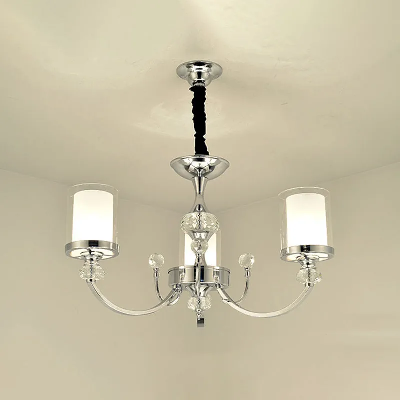 Dual-Layer Clear and Opal Glass Ceiling Lamp: 3-Head Minimalism Chandelier with Crystal Deco in Chrome