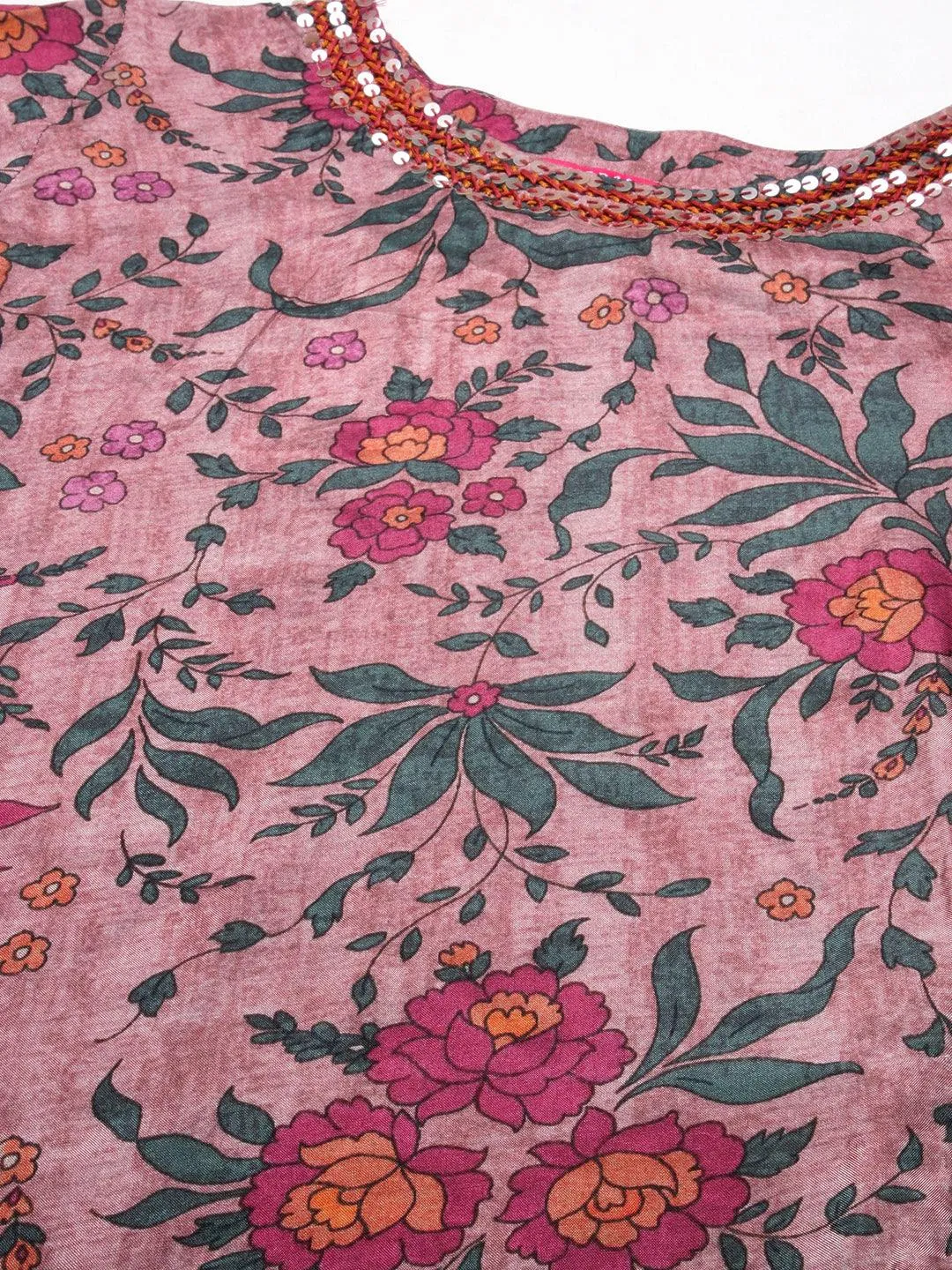 Floral Printed Resham & Sequins Embroidered A-line Kurta With Pants - Rose Gold