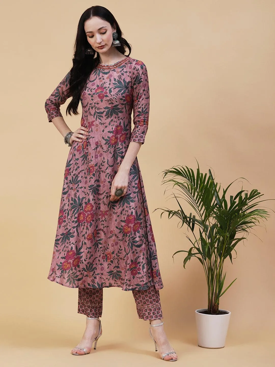 Floral Printed Resham & Sequins Embroidered A-line Kurta With Pants - Rose Gold