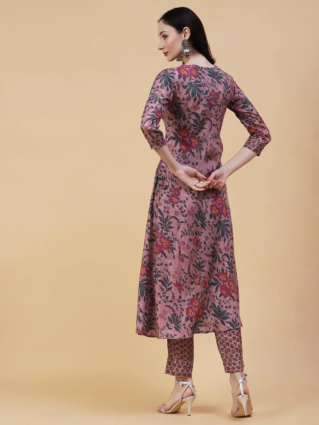 Floral Printed Resham & Sequins Embroidered A-line Kurta With Pants - Rose Gold