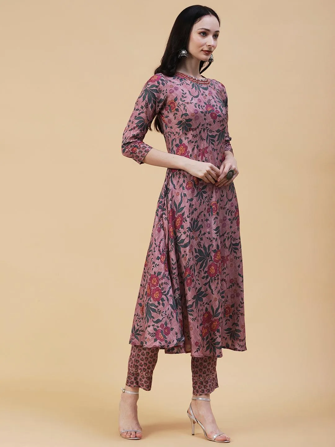 Floral Printed Resham & Sequins Embroidered A-line Kurta With Pants - Rose Gold