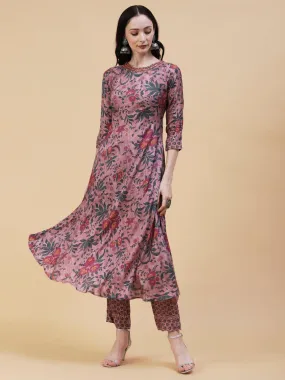 Floral Printed Resham & Sequins Embroidered A-line Kurta With Pants - Rose Gold