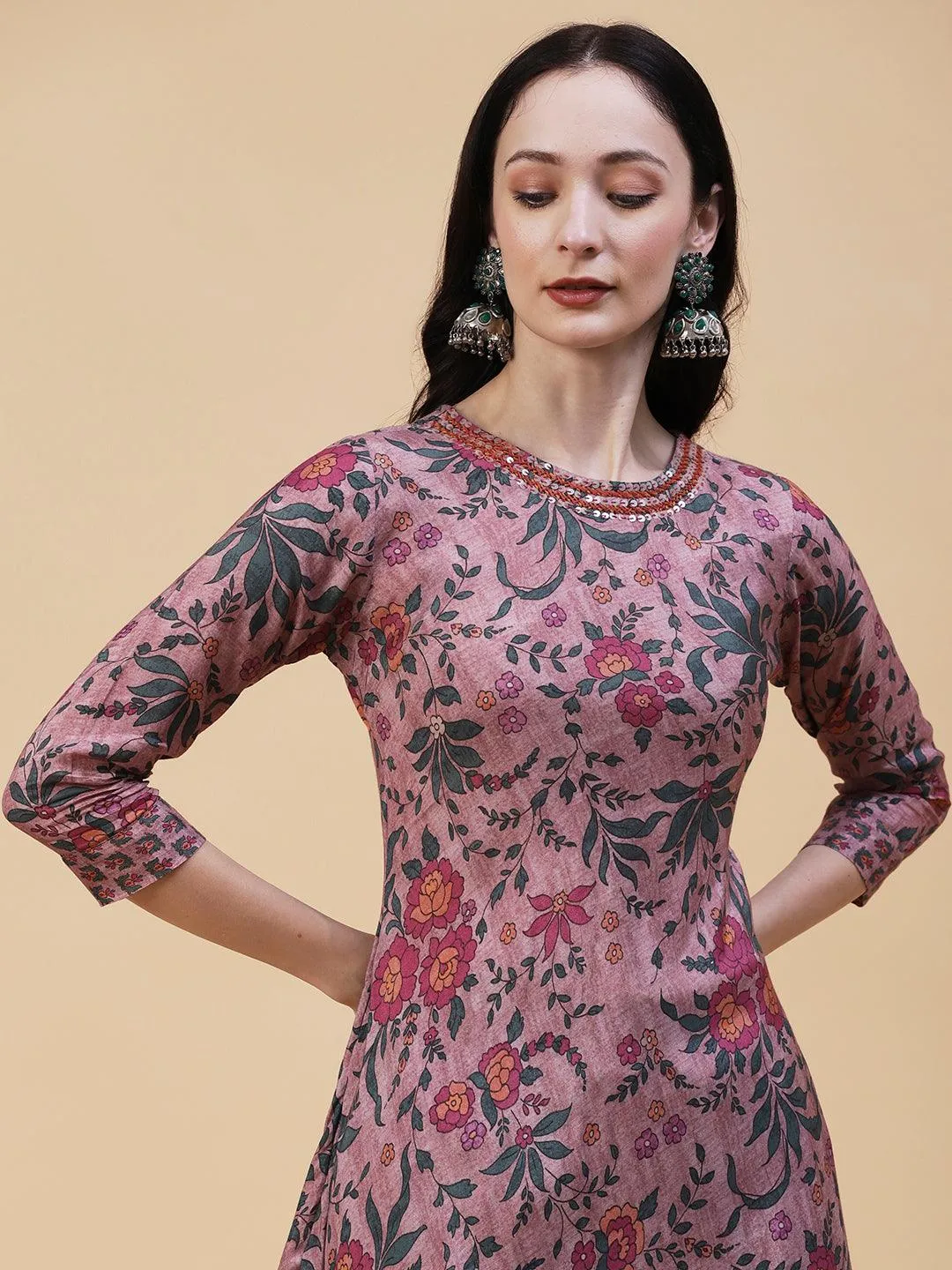 Floral Printed Resham & Sequins Embroidered A-line Kurta With Pants - Rose Gold