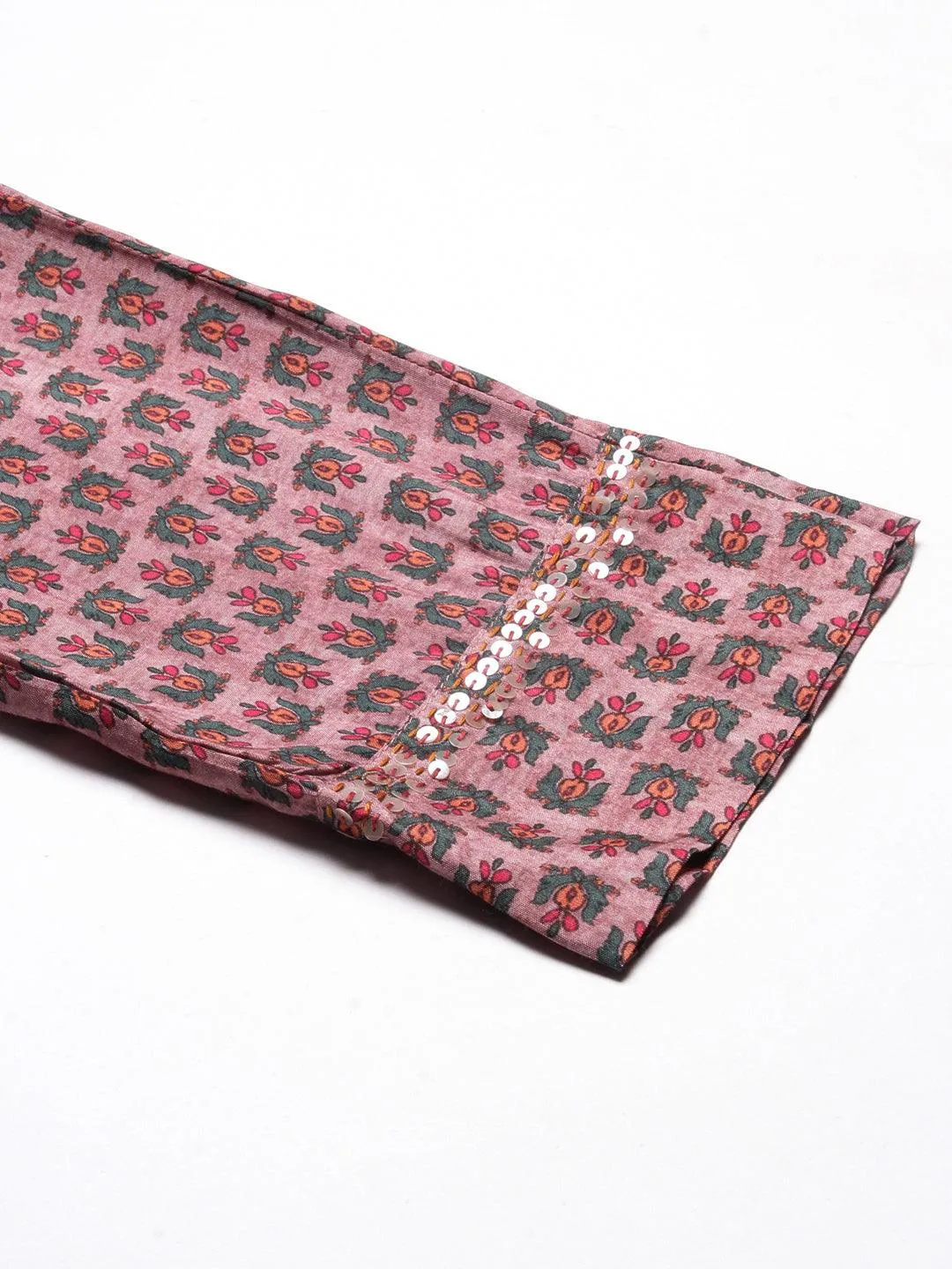 Floral Printed Resham & Sequins Embroidered A-line Kurta With Pants - Rose Gold
