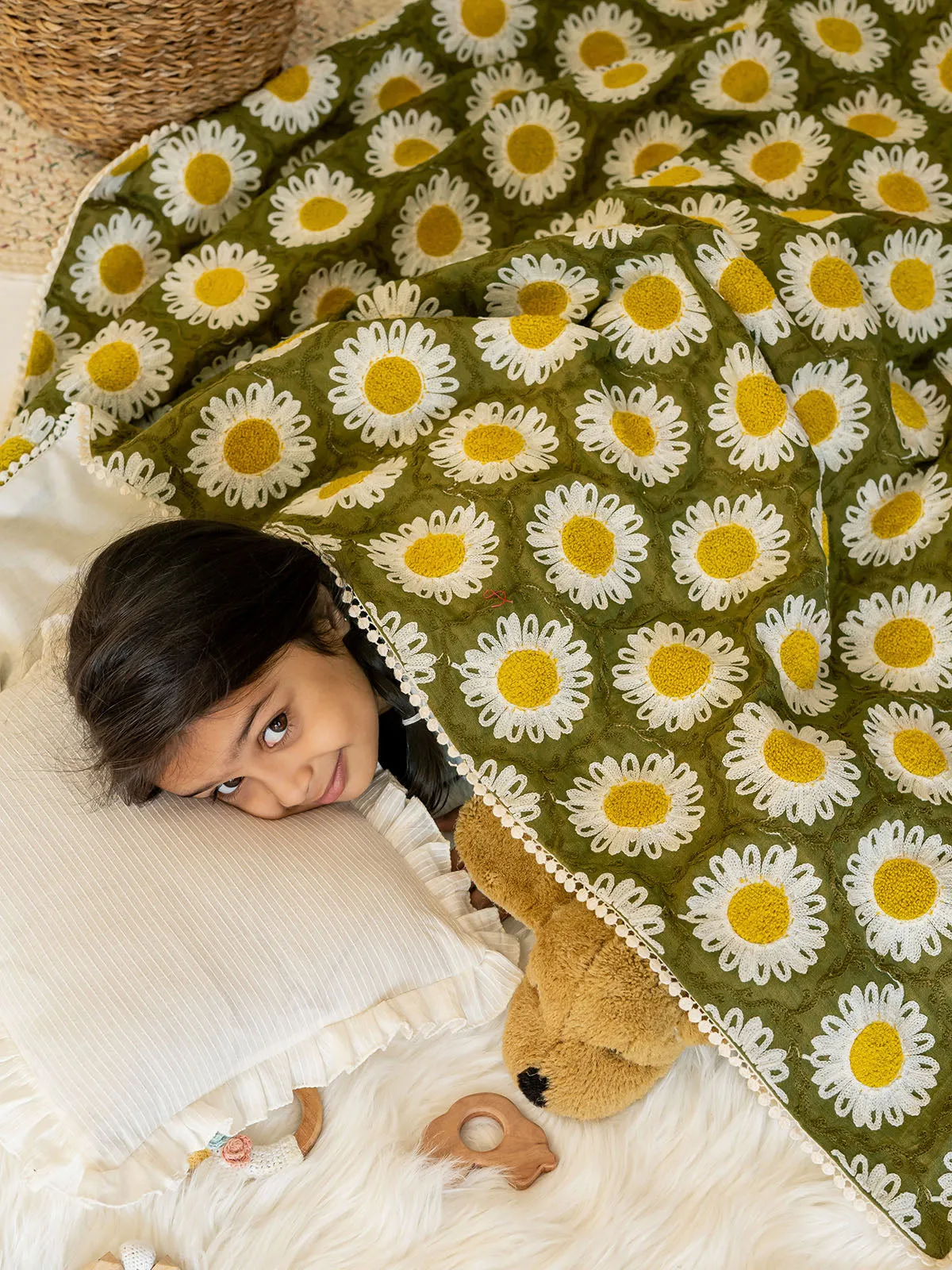 Girl's Green Woollen Sunflower Reversible Baby Kids Blanket - HALEMONS