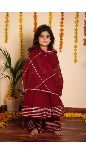 Girls Maroon Cotton Gota Lace Detailing Anarkali Set