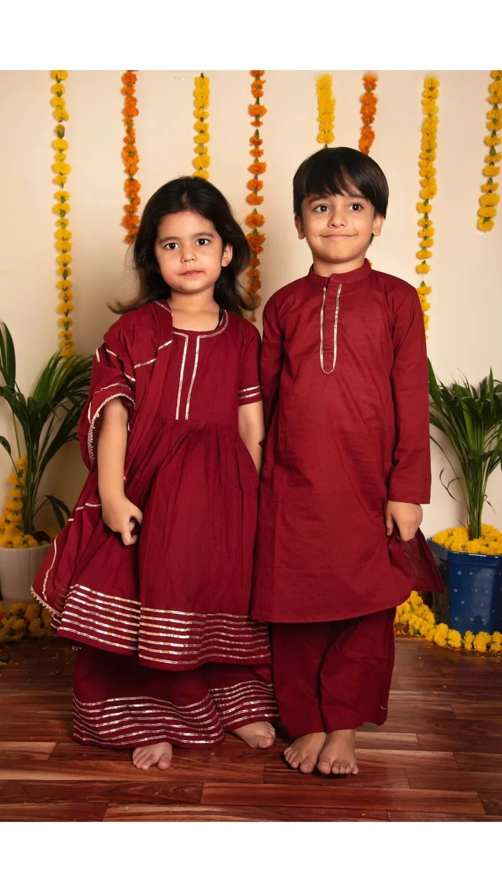 Girls Maroon Cotton Gota Lace Detailing Anarkali Set